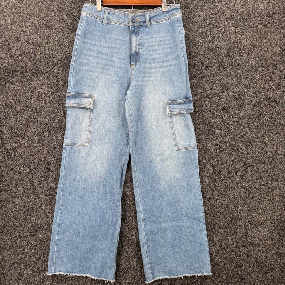 OAT New York Women Blue Wide Leg Cargo Jeans Raw Hem High Rise Size 10/30 P0060